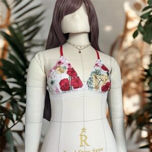 Floral Lace Bra with Red and White Embroidery